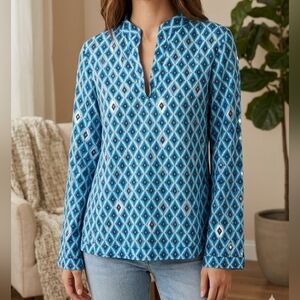 Tory Burch Blue Ikat Geometric Diamond Tunic Top Mirrored Accents Size 4